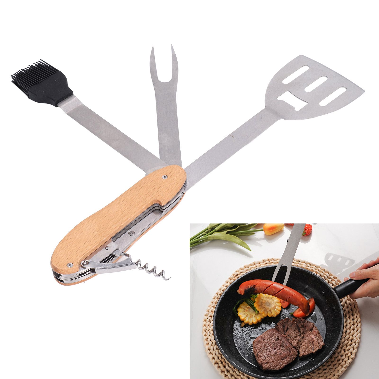 BBQ Tool Set 5 in 1 Multifunction Foldable Portable Spatula Brush Fork Bottle view 12