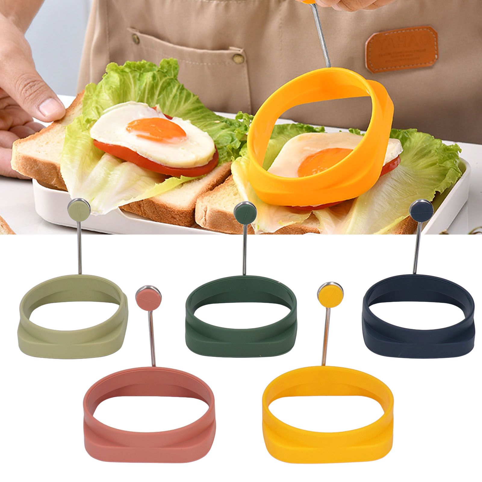 5 PCS Handle Egg Frying Rings Silicone Double Sided Egg Rings Quadrate Round view 11