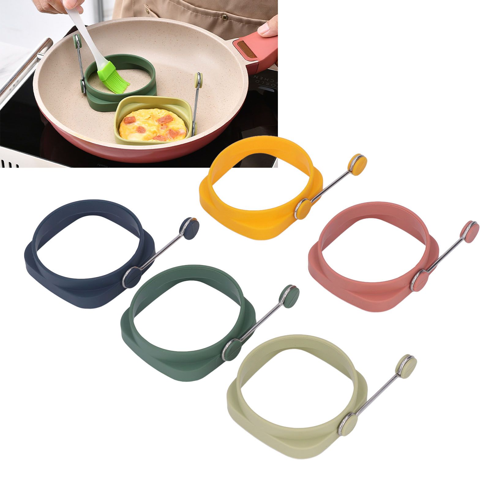 5 PCS Handle Egg Frying Rings Silicone Double Sided Egg Rings Quadrate Round view 12