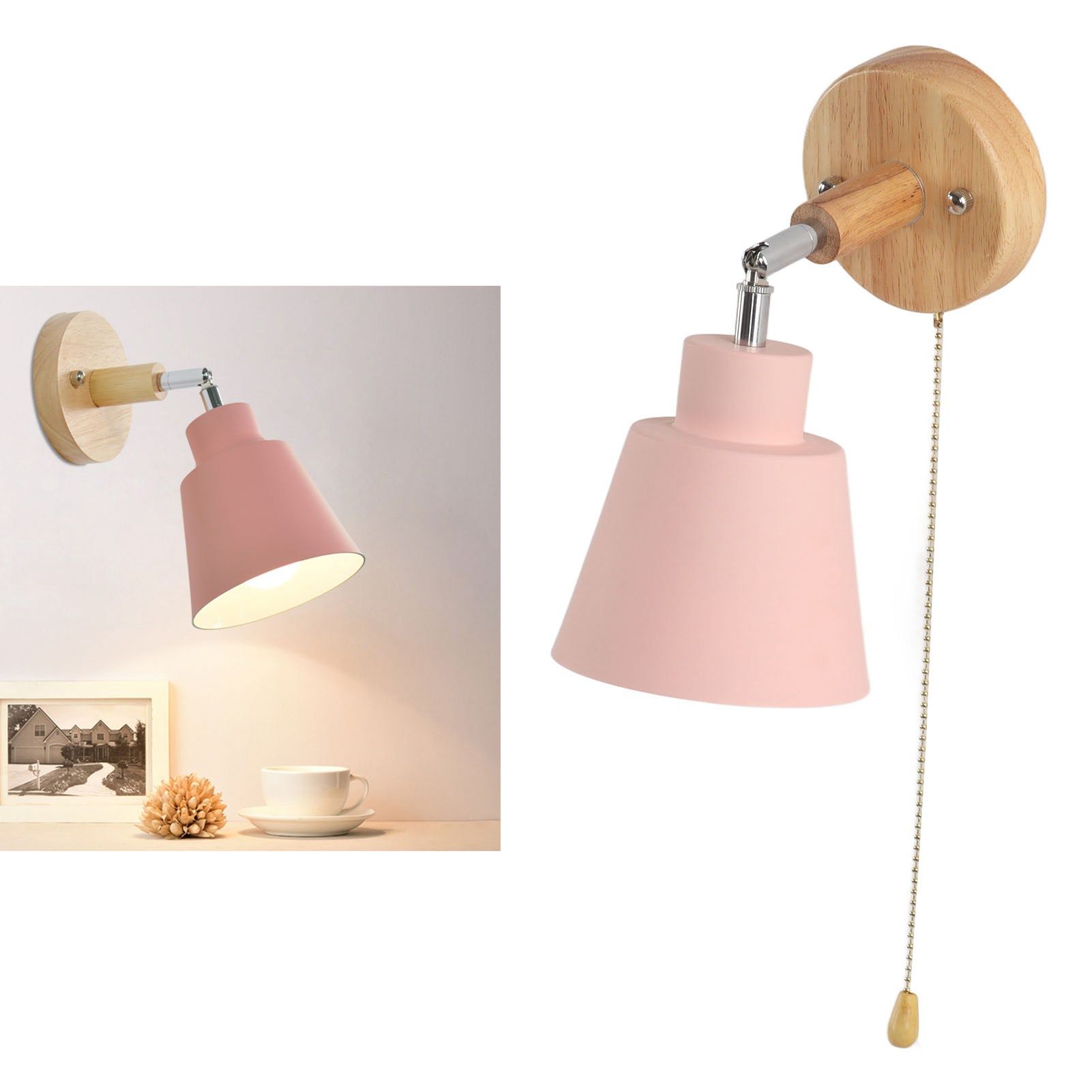 Macaron Bedside Wall Lamp Space Saving Pink Lampshade Wall Sconces with Wood view 11