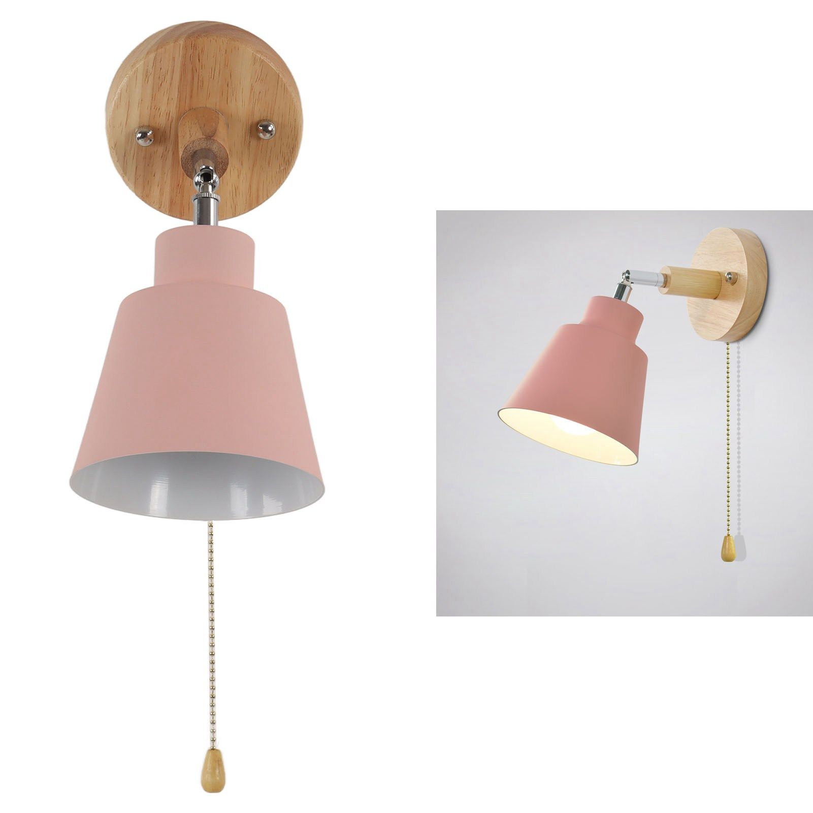 Macaron Bedside Wall Lamp Space Saving Pink Lampshade Wall Sconces with Wood view 12