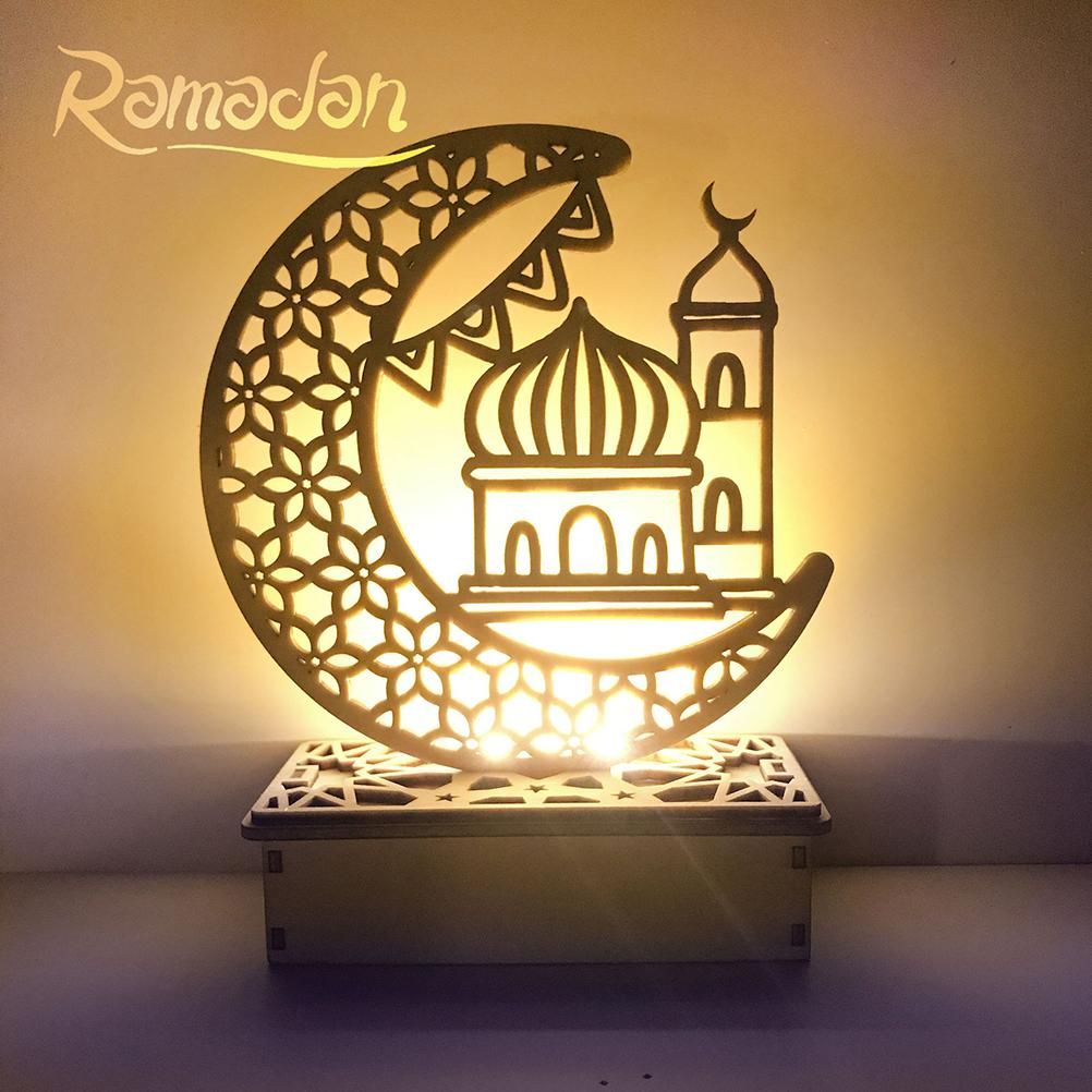 LED Eid Ramadan Hollow Decorations Openwork Carving Wooden Light Durable Table — image 1