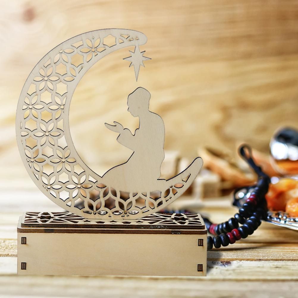 LED Eid Ramadan Hollow Decorations Openwork Carving Wooden Light Durable Table view 5