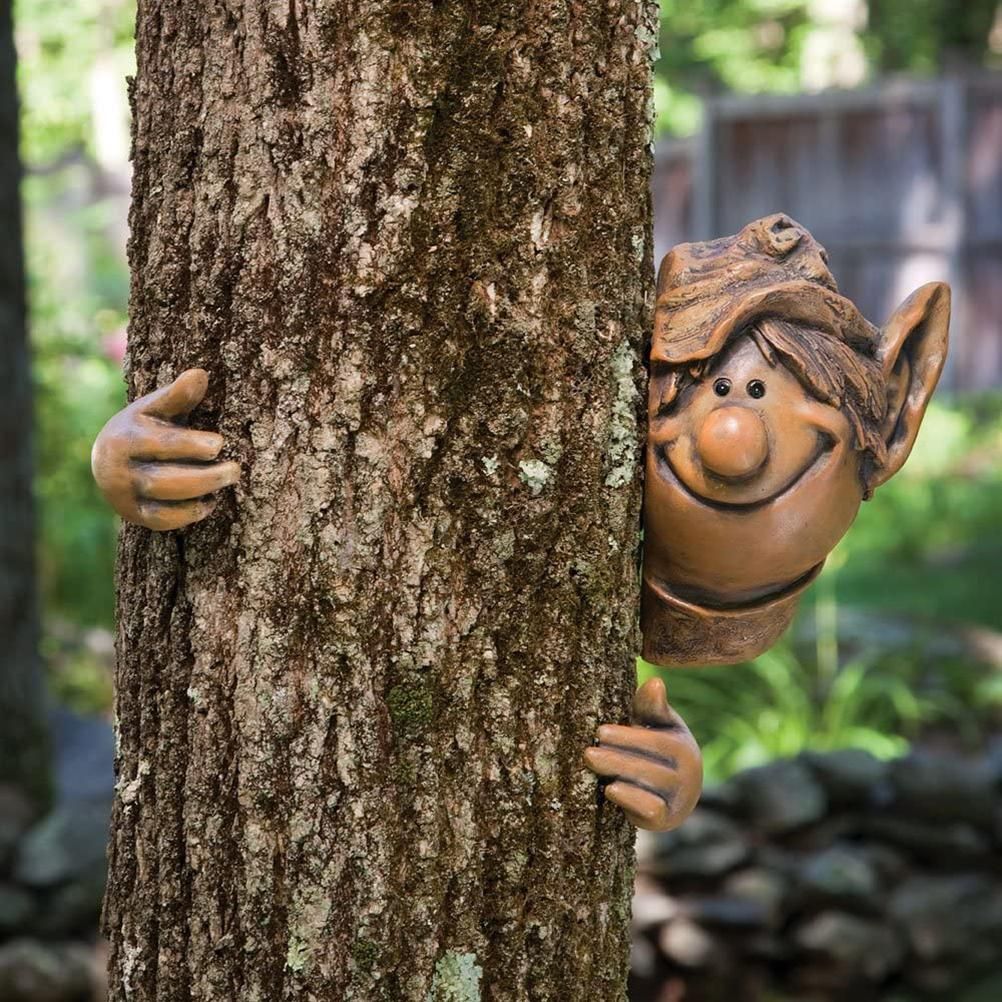 Garden Elf Tree Hugger Polyresin Tree Sculpture Garden Peeker Yard Art for view 5
