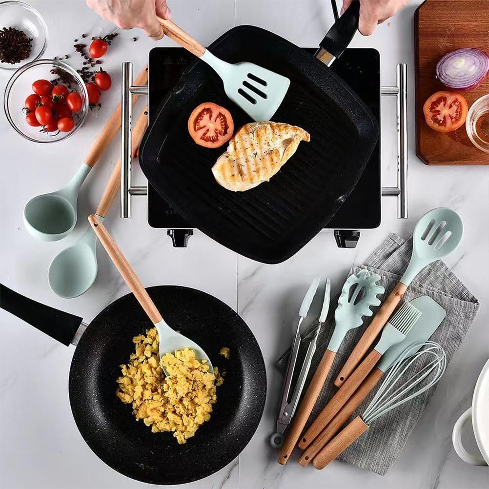 Cooking Scooping Spoon Wooden Handle Baking Utensils Durable Sturdy Silicone view 4