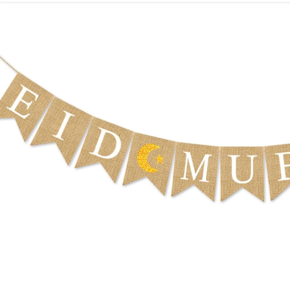 Eid Mubarak Banner Burlap Flag Decoration Eid Celebration Hanging Banner for view 2