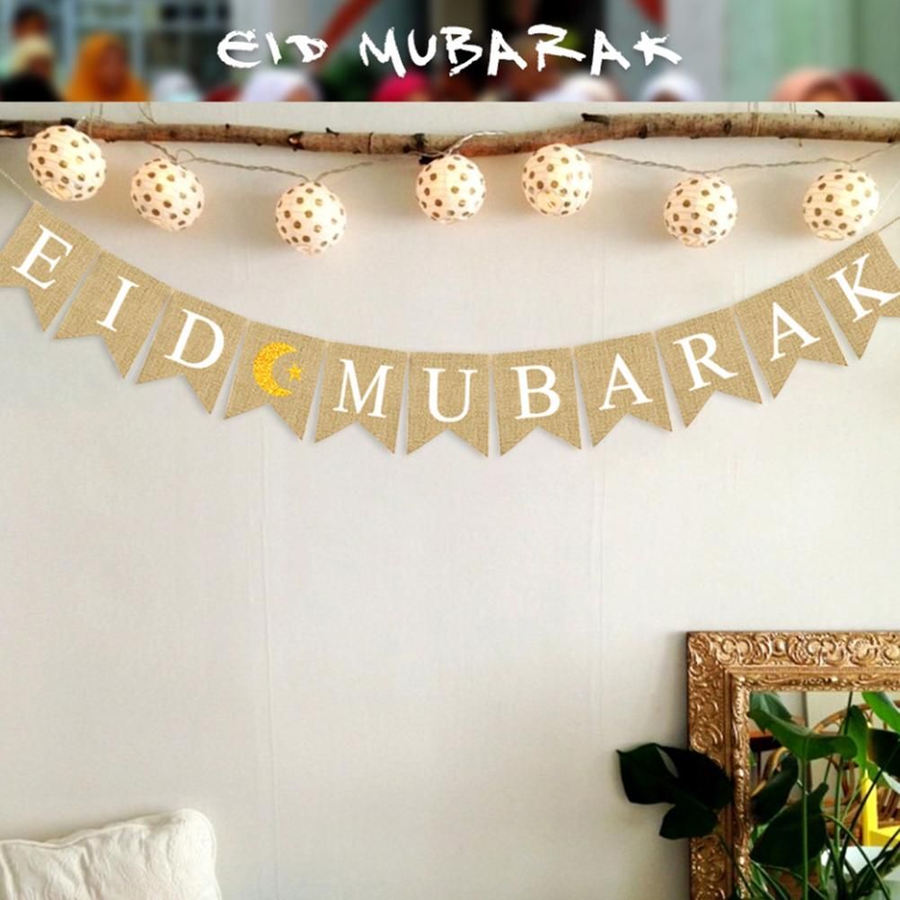 Eid Mubarak Banner Burlap Flag Decoration Eid Celebration Hanging Banner for view 3