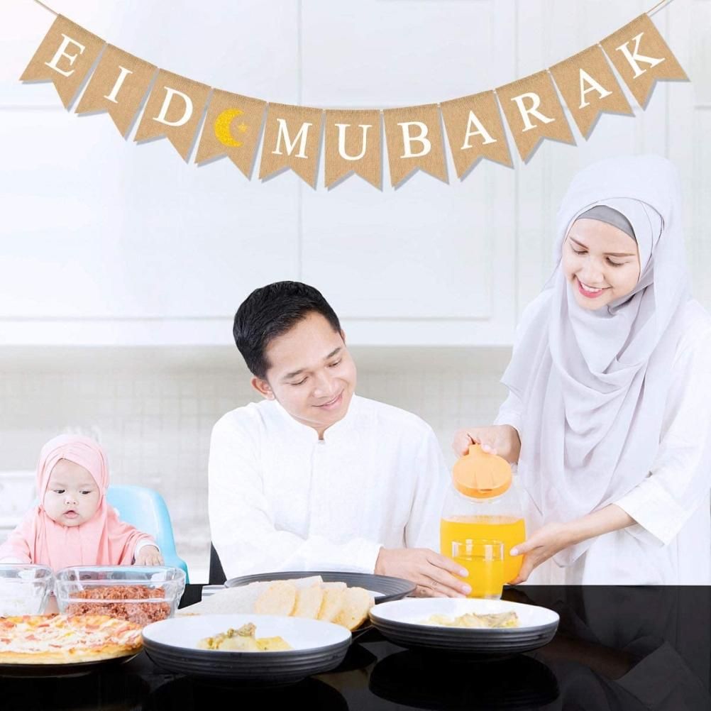 Eid Mubarak Banner Burlap Flag Decoration Eid Celebration Hanging Banner for view 11