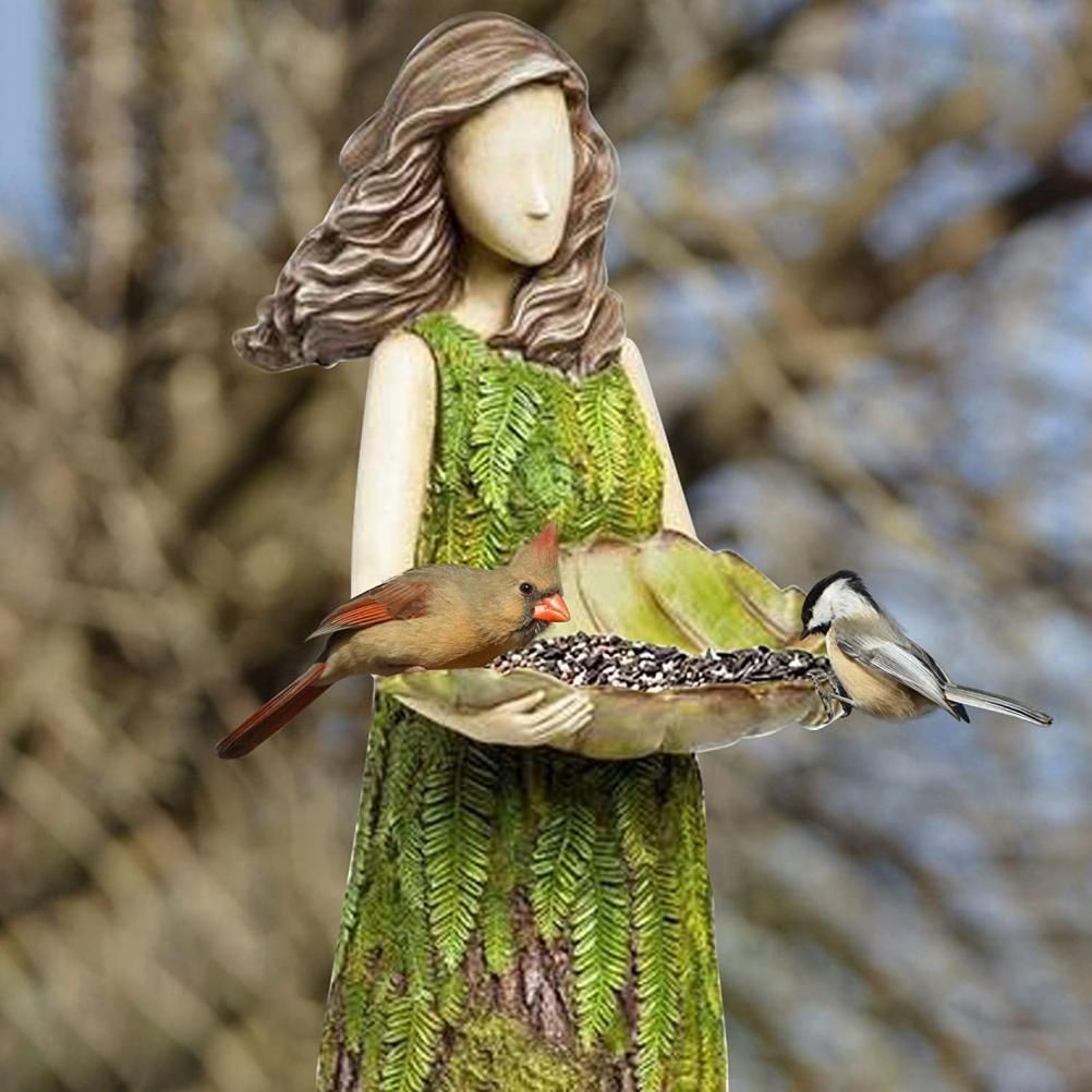 Fairy Garden Statue with Bird Feeder Lawn Resin Ornaments Garden Art view 3