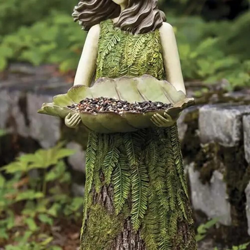 Fairy Garden Statue with Bird Feeder Lawn Resin Ornaments Garden Art view 4