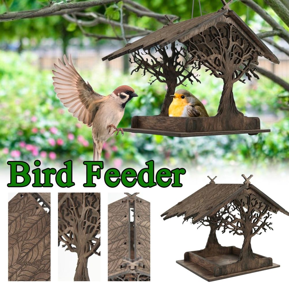 Wooden Bird Feeder Hanging Seed Container Tray for Wild Birds Home Garden Yard view 3