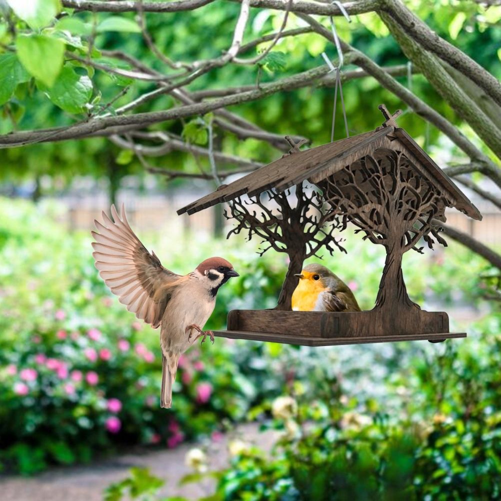 Wooden Bird Feeder Hanging Seed Container Tray for Wild Birds Home Garden Yard view 9