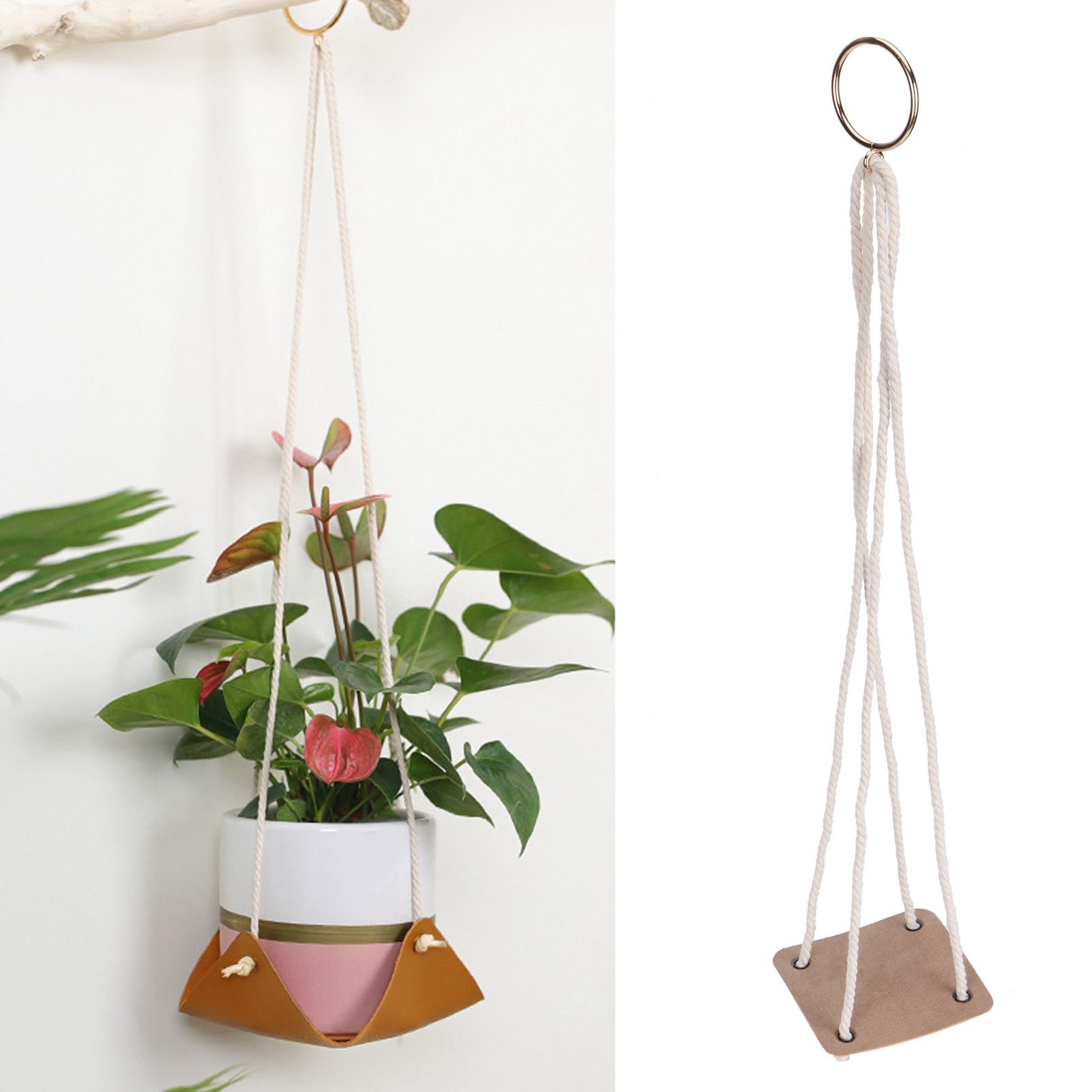 Planter Holder Flowerpot Hanging Rack Hanger with PU Leather Base Cotton Rope view 9