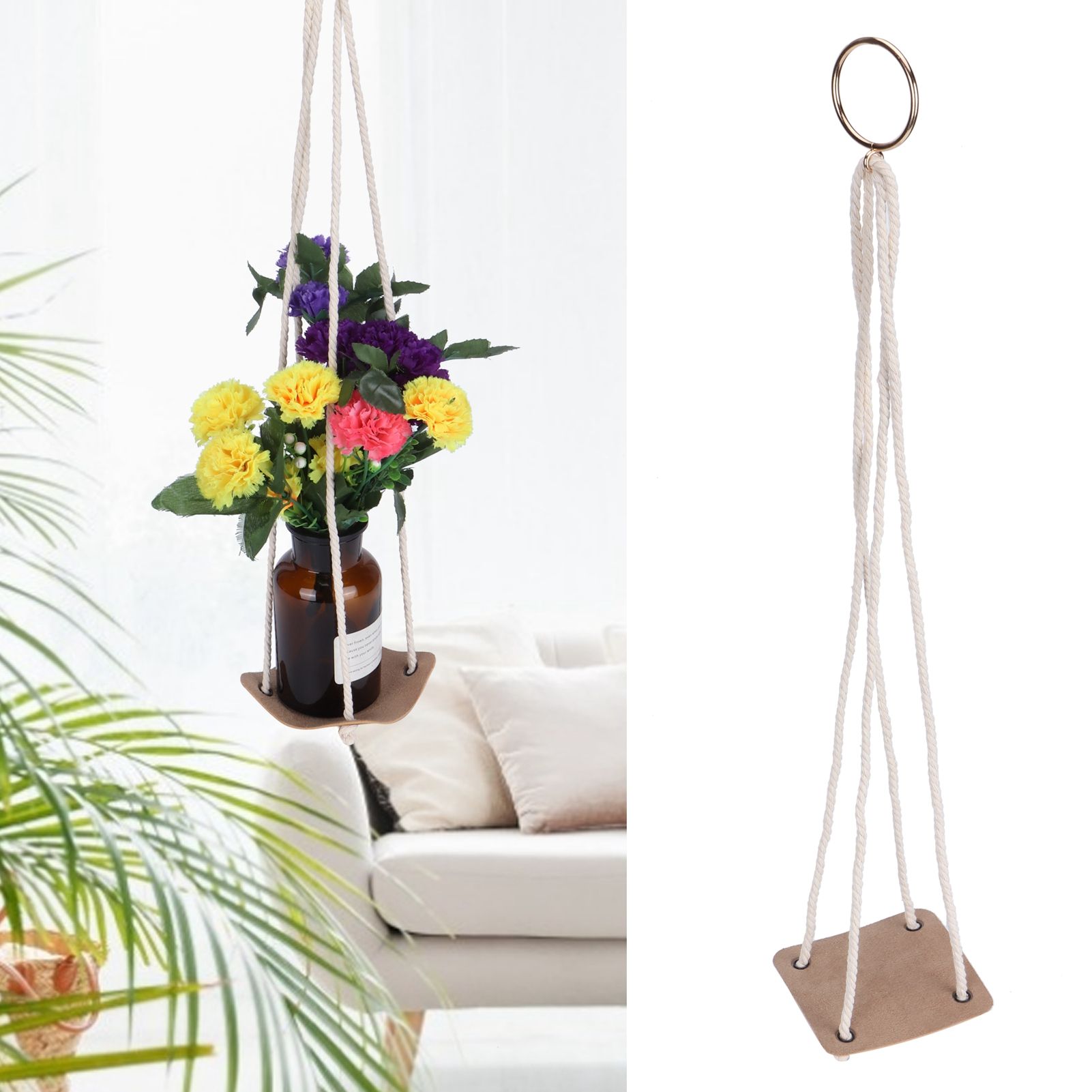 Planter Holder Flowerpot Hanging Rack Hanger with PU Leather Base Cotton Rope view 10