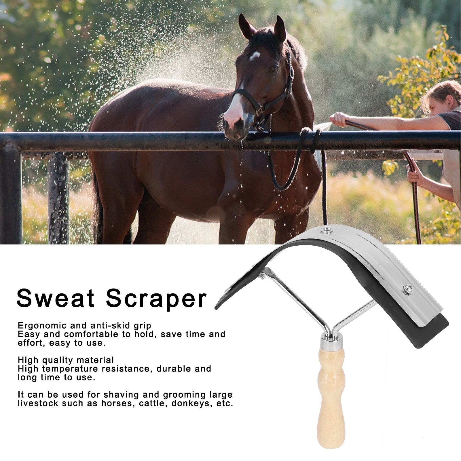 Horse Sweat Scraper with Wood Handle Non Slip Horse Cleaning Grooming Tool view 15