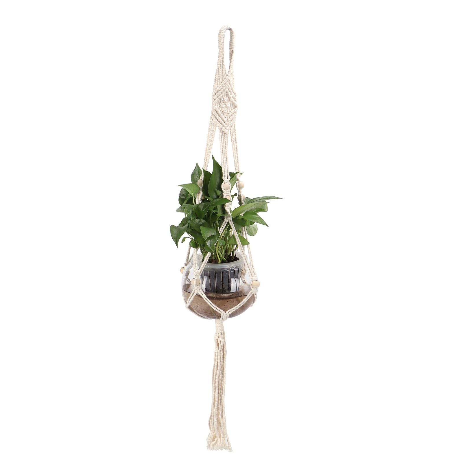Cotton Rhombus Rope Pattern Plant Hanger with 12 Beads Hanging Flower Pot view 10