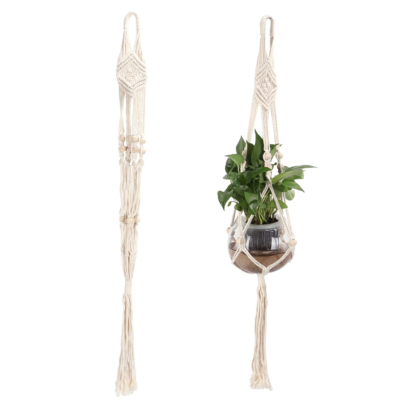 Cotton Rhombus Rope Pattern Plant Hanger with 12 Beads Hanging Flower Pot view 11