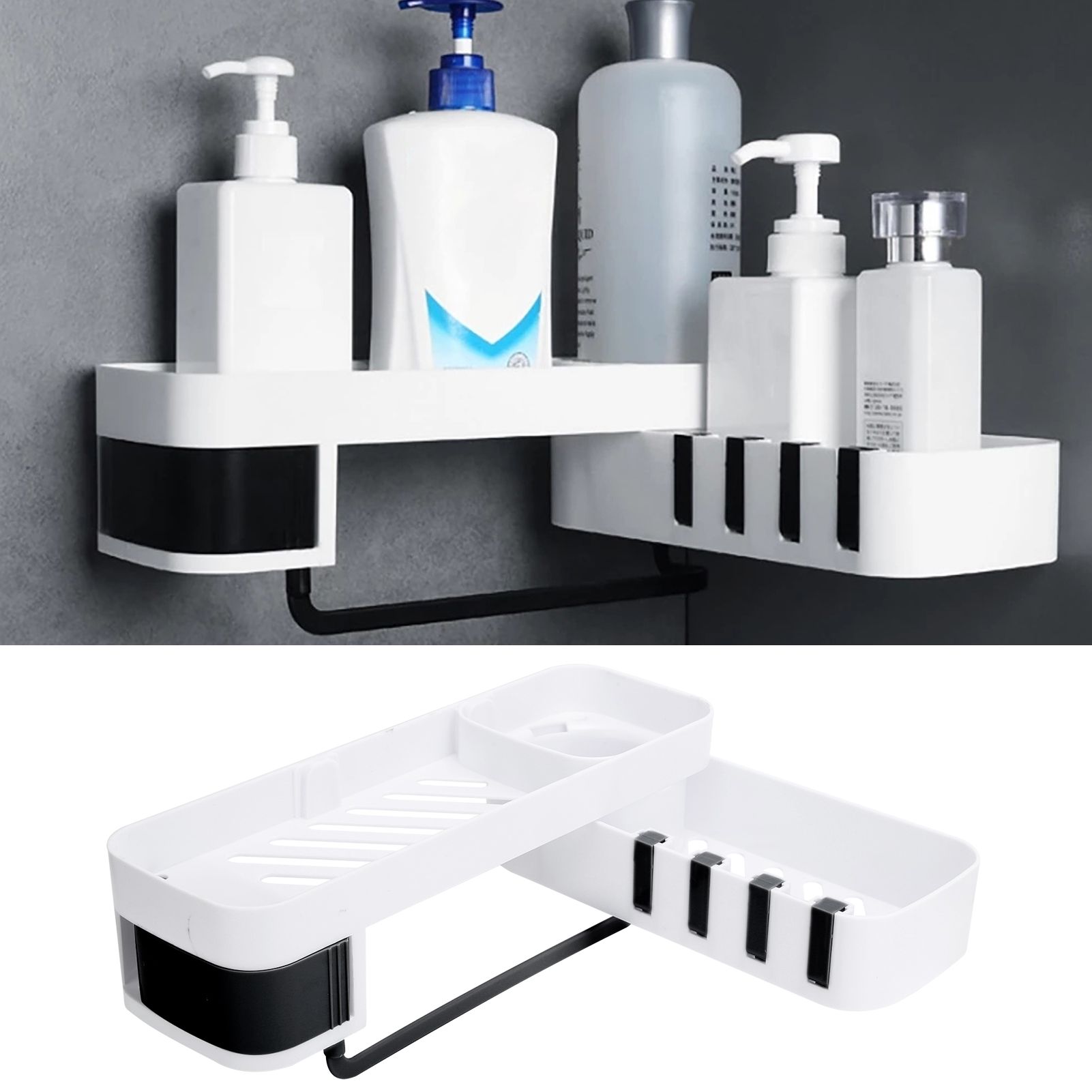 No Drilling Corner Shower Shelf Wall Mounted Bathroom Storage Rack with Towel view 9