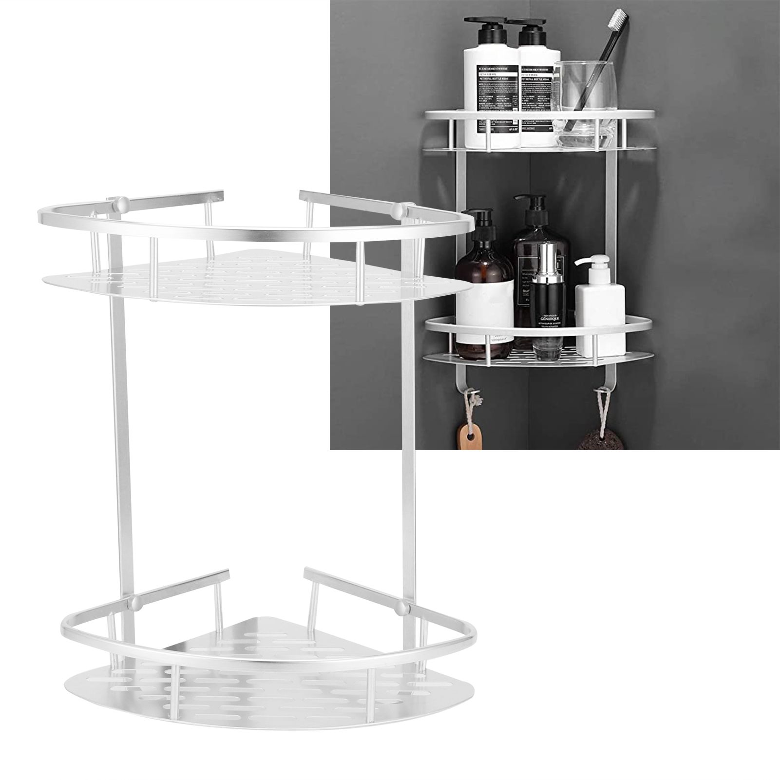 2 Layer Corner Shower Shelf Wall Mounted Aluminum Rack for Bathroom Kitchen view 9