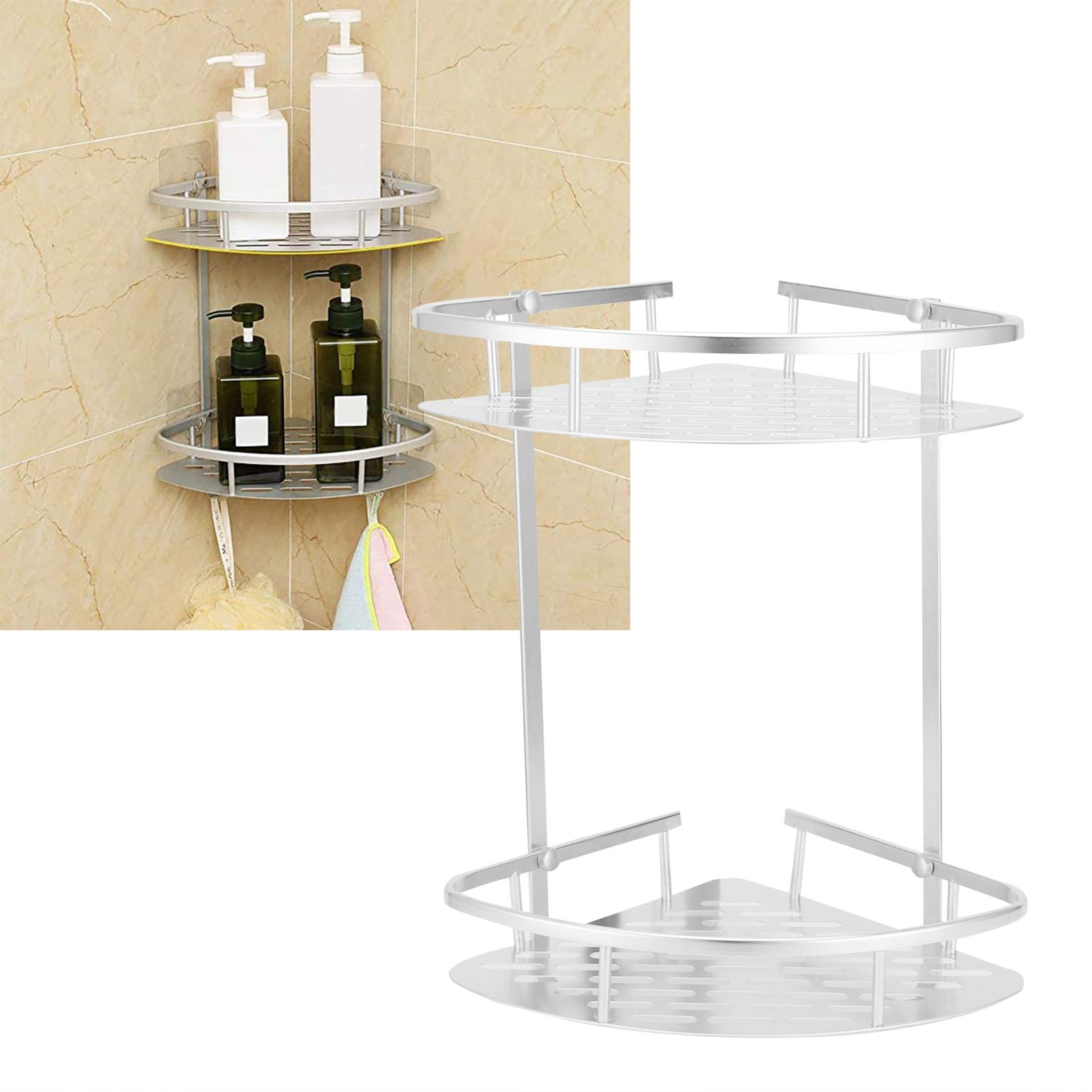 2 Layer Corner Shower Shelf Wall Mounted Aluminum Rack for Bathroom Kitchen view 10