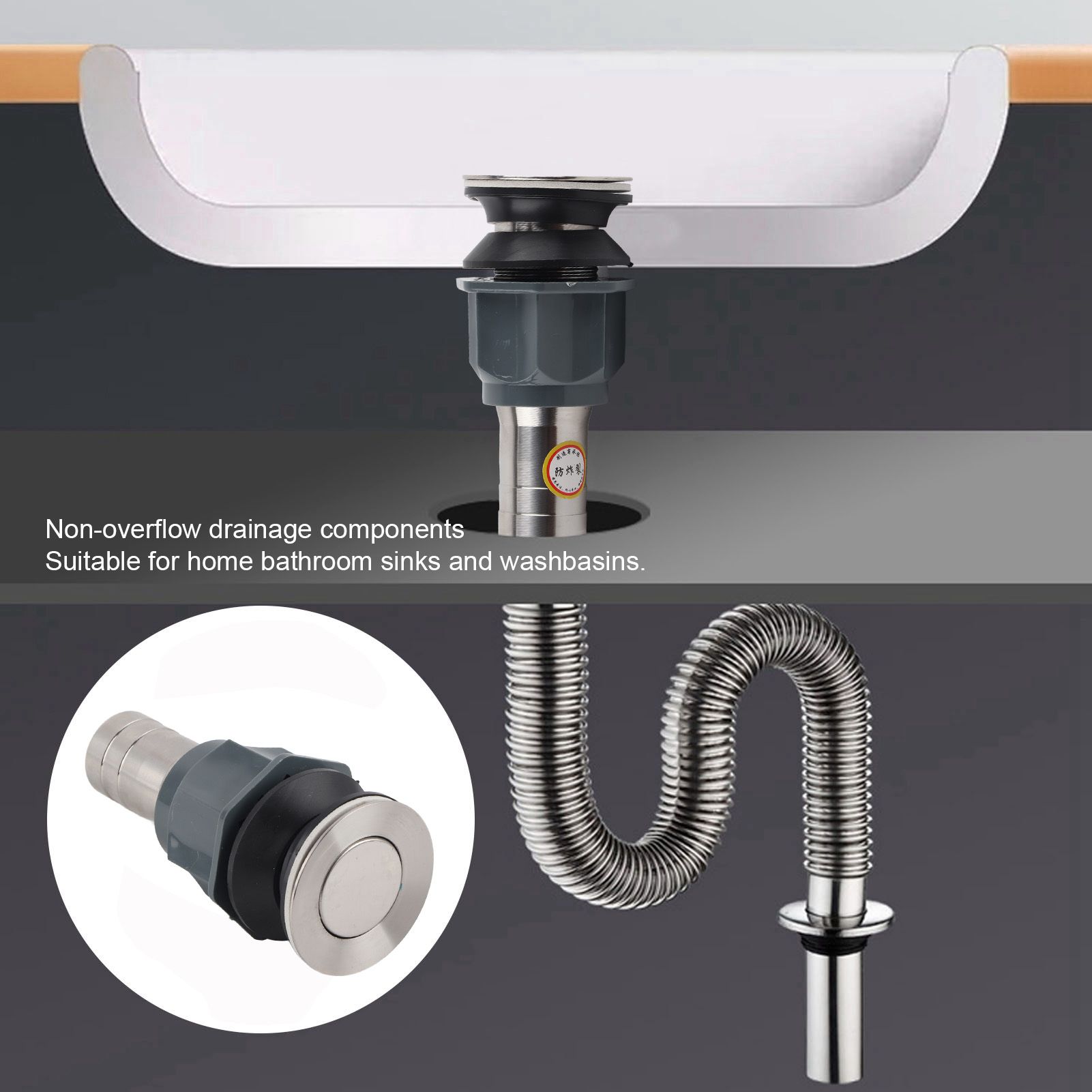 No Glue Stainless Steel Basin Drain Sink Drain Stopper NonOverflow Bathroom view 15