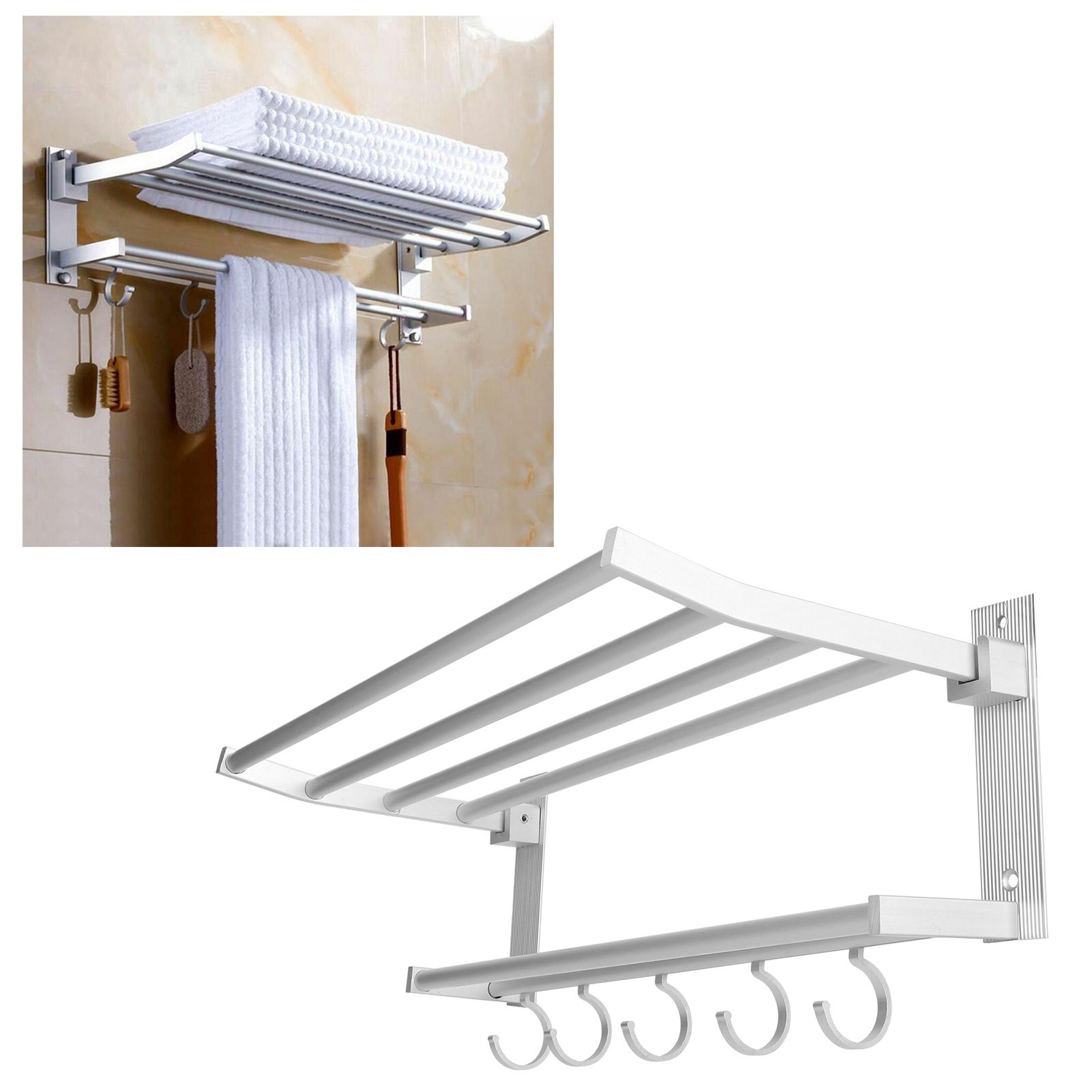 40cm Shower Shelf Foldable Aluminum Bathroom Towel Coat Rack with 5 Hooks Silver view 11