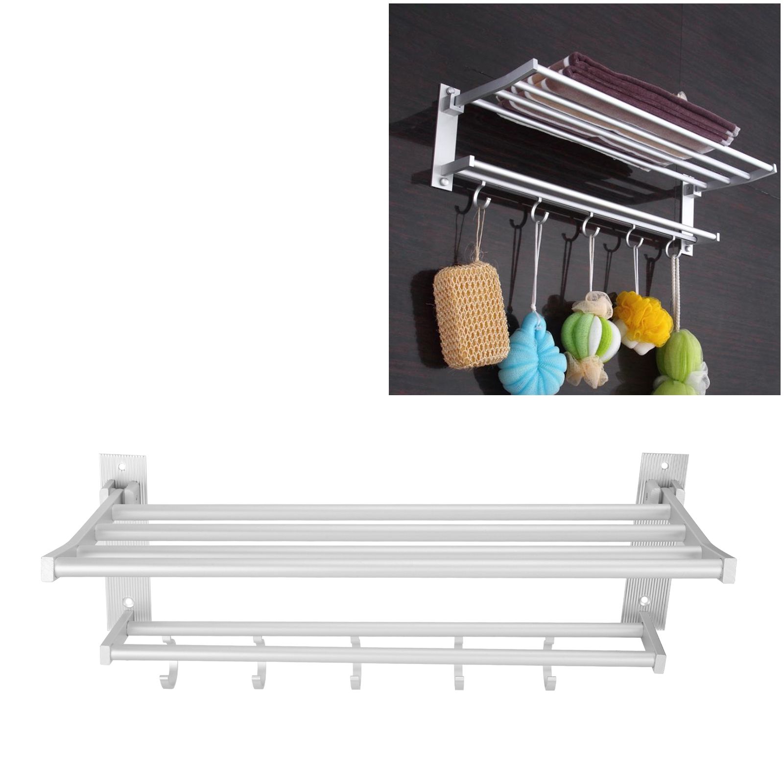 40cm Shower Shelf Foldable Aluminum Bathroom Towel Coat Rack with 5 Hooks Silver view 12