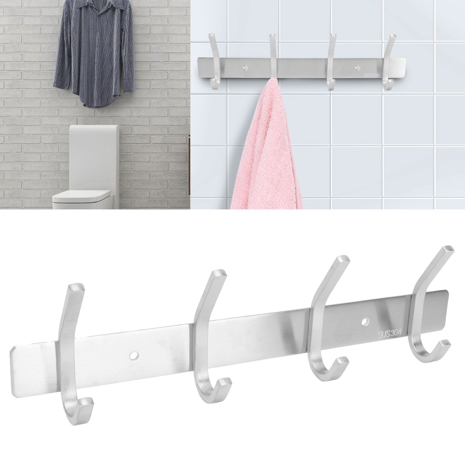Stainless Steel Hook Wall Mounted Brushed Simple Style 4‑Hook Wall Hanger for view 11