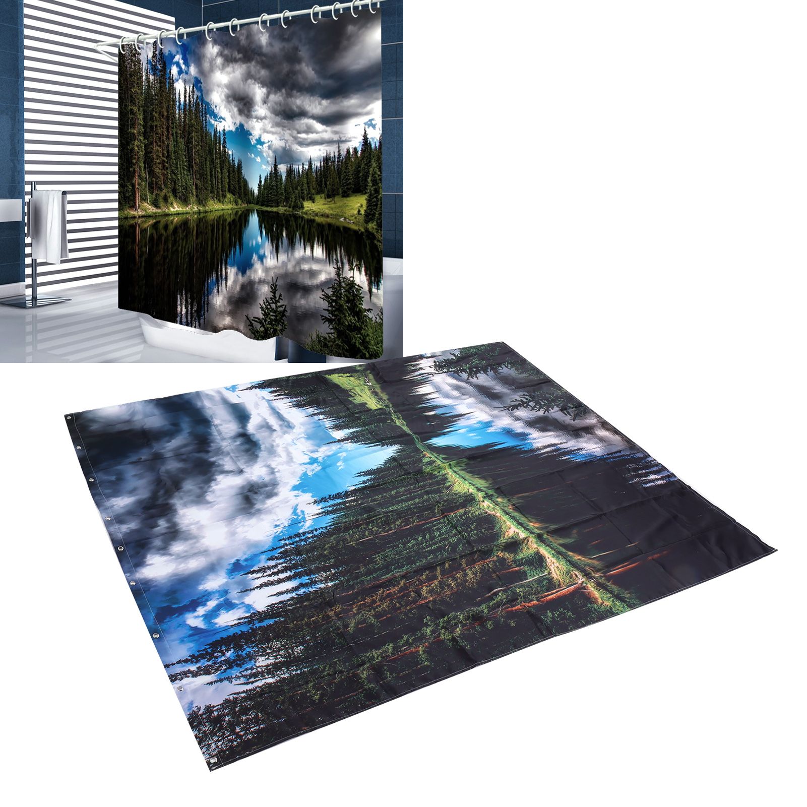 Shower Curtain Landscape Pattern Bath Curtain Set with Rings Home Bathroom view 11