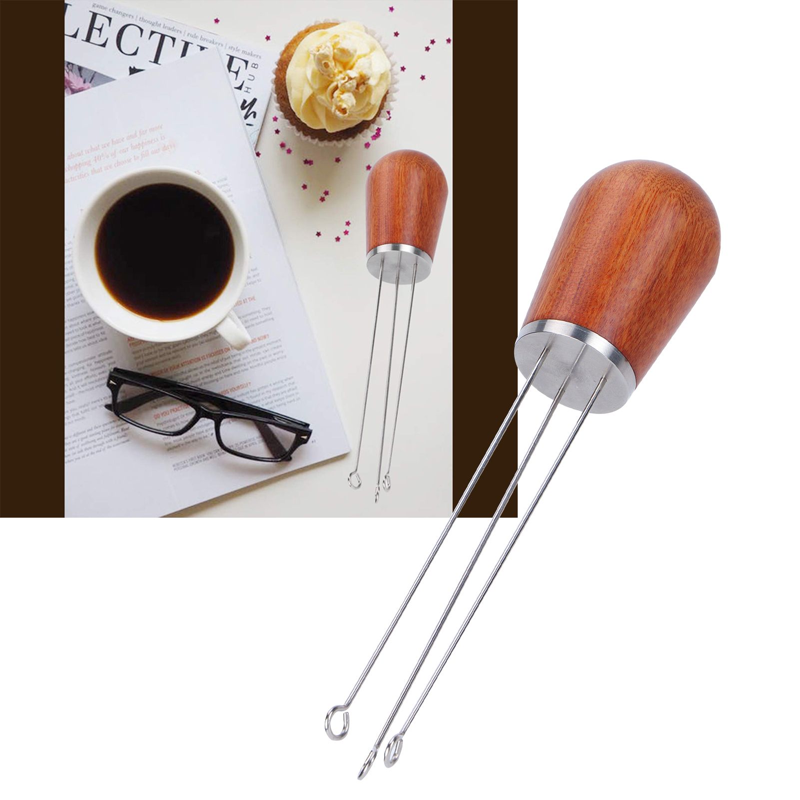 Stainless Steel Needle Type Coffee Powder Distributor Wood Handle Coffee view 12