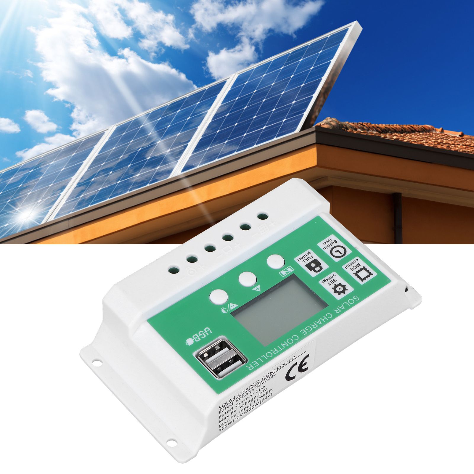 20A 12V 24V LCD Display Solar Charge Controller PWM Auto Focusing Tracking view 12