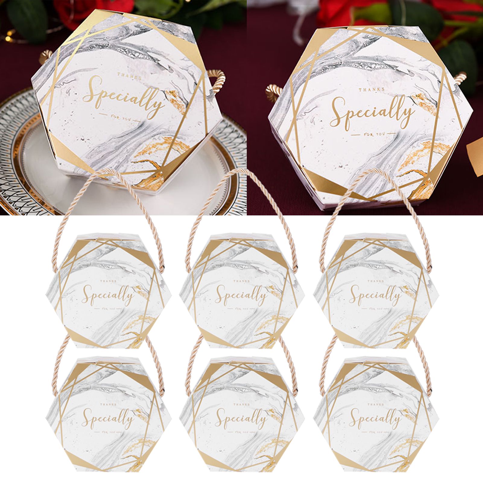 10 Set Candy Boxes Bags Hexagonal Chocolate Gift Boxes with Ropes for Wedding view 9
