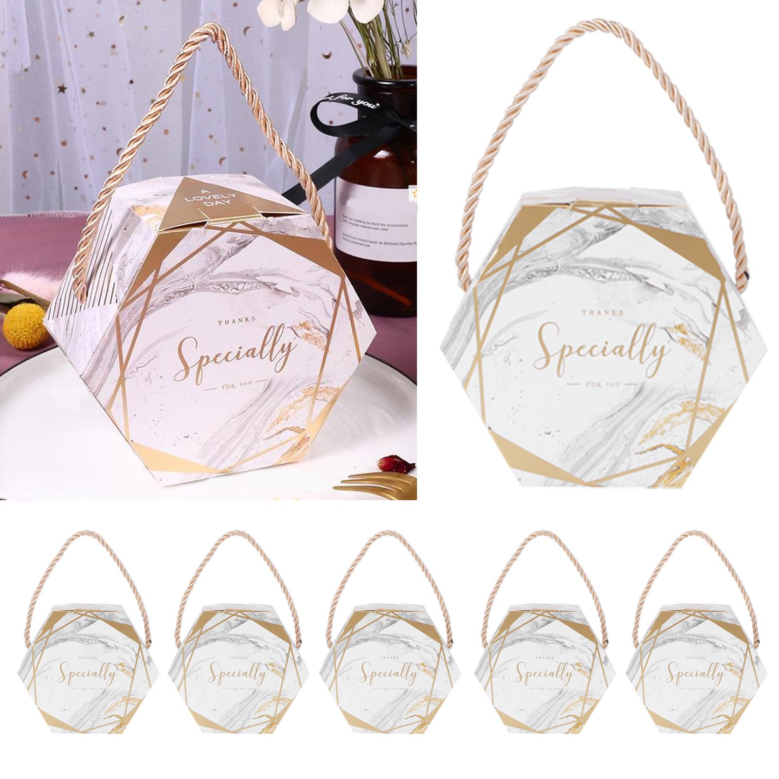 10 Set Candy Boxes Bags Hexagonal Chocolate Gift Boxes with Ropes for Wedding view 10