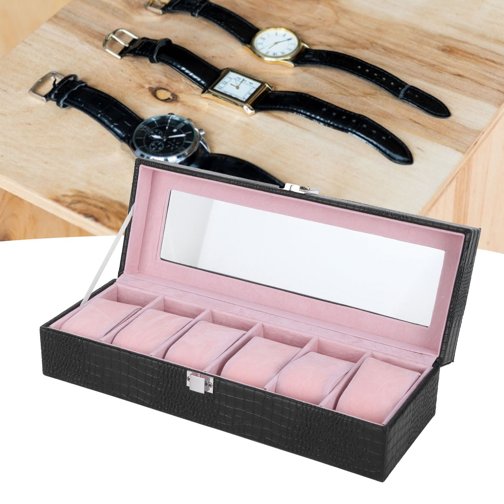 6-Slot Watch Box PU Leather Rectangular Wristwatch Display Case Organizer Gift view 11