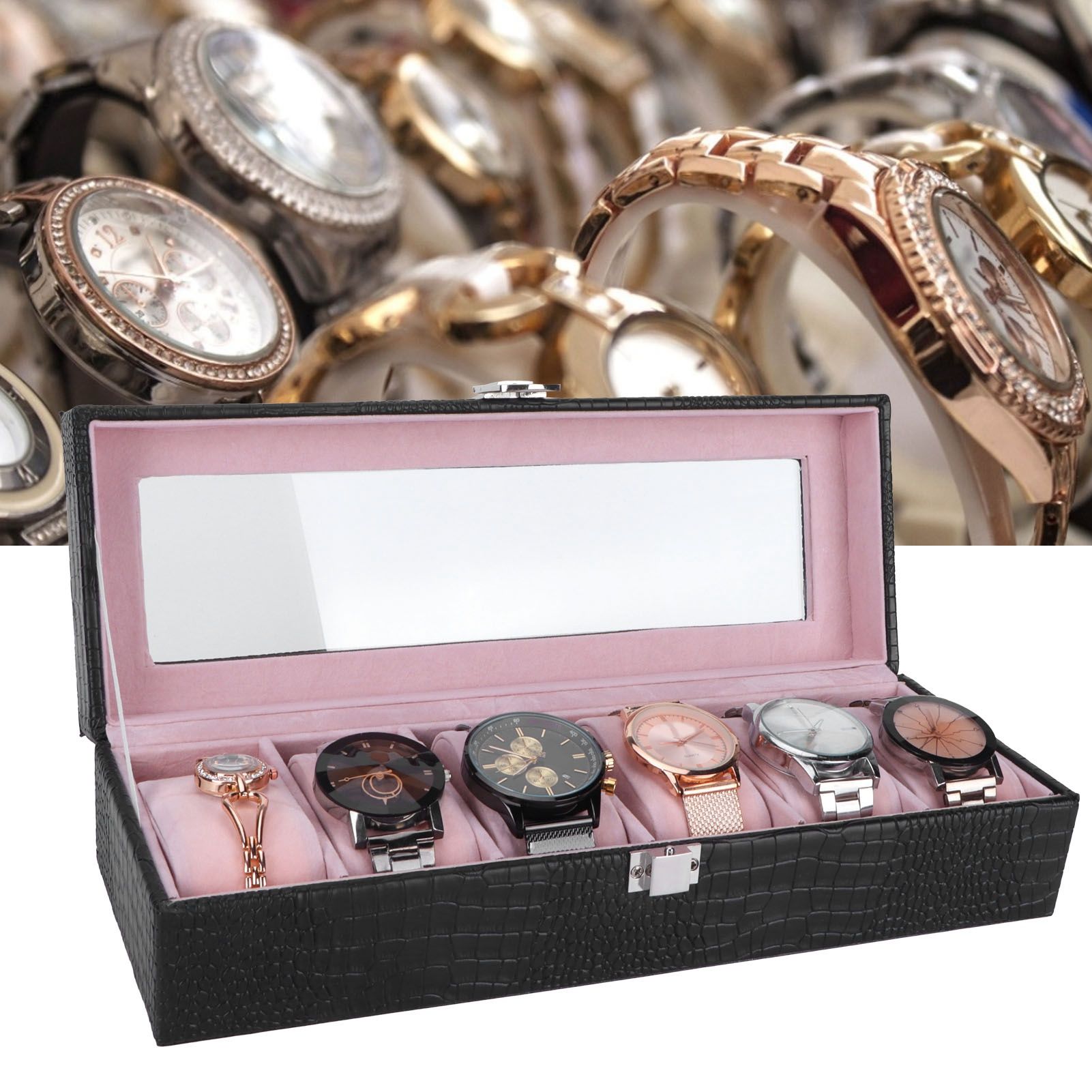 6-Slot Watch Box PU Leather Rectangular Wristwatch Display Case Organizer Gift view 12