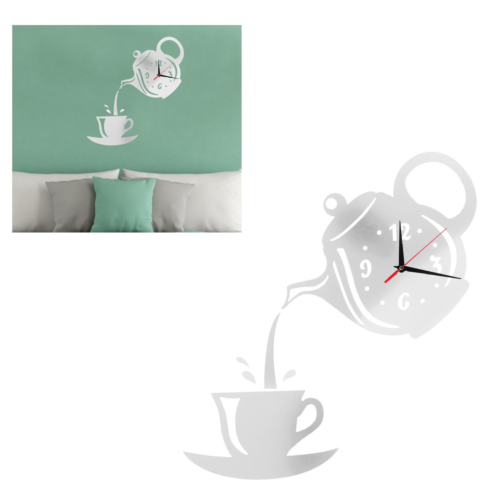DIY Wall Clock Mirror Surface Sticker TeapotShaped Decals for Living Room view 12