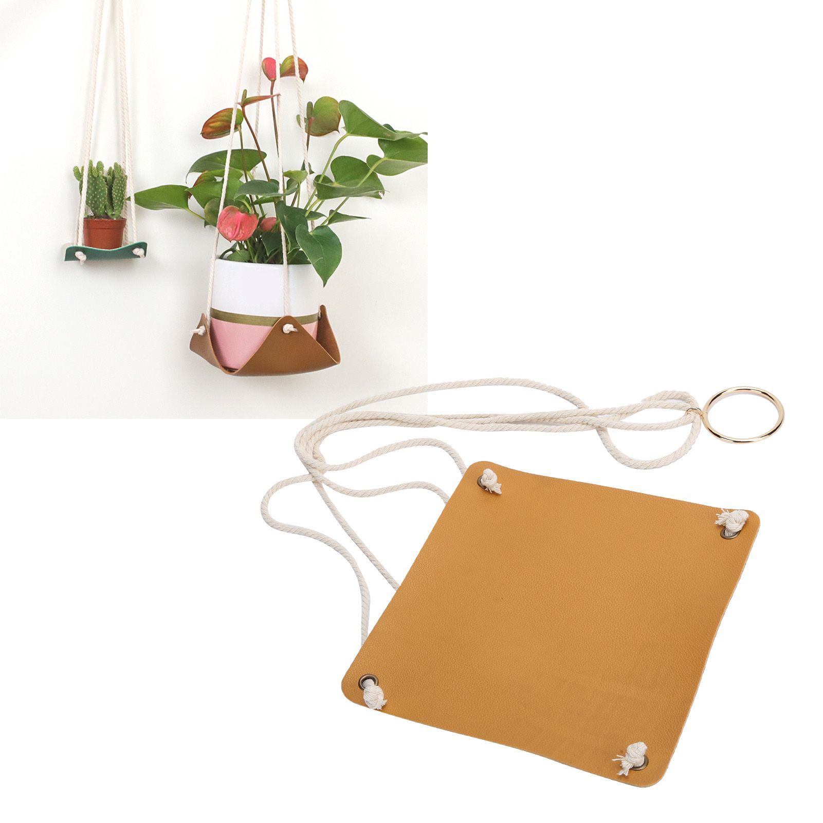 Hanging Planter Holder PU Leather Base Cotton Rope Net Flowerpot Hanging view 9
