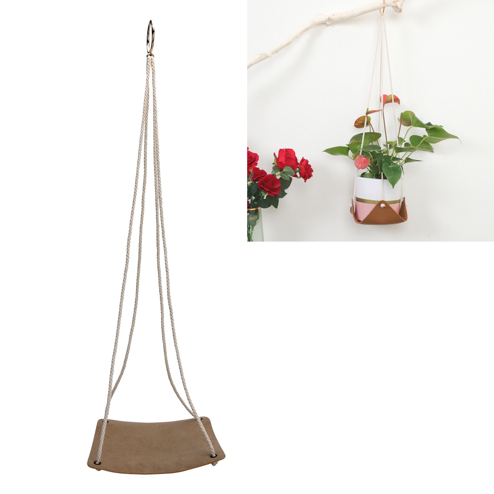 Hanging Planter Holder PU Leather Base Cotton Rope Net Flowerpot Hanging view 10
