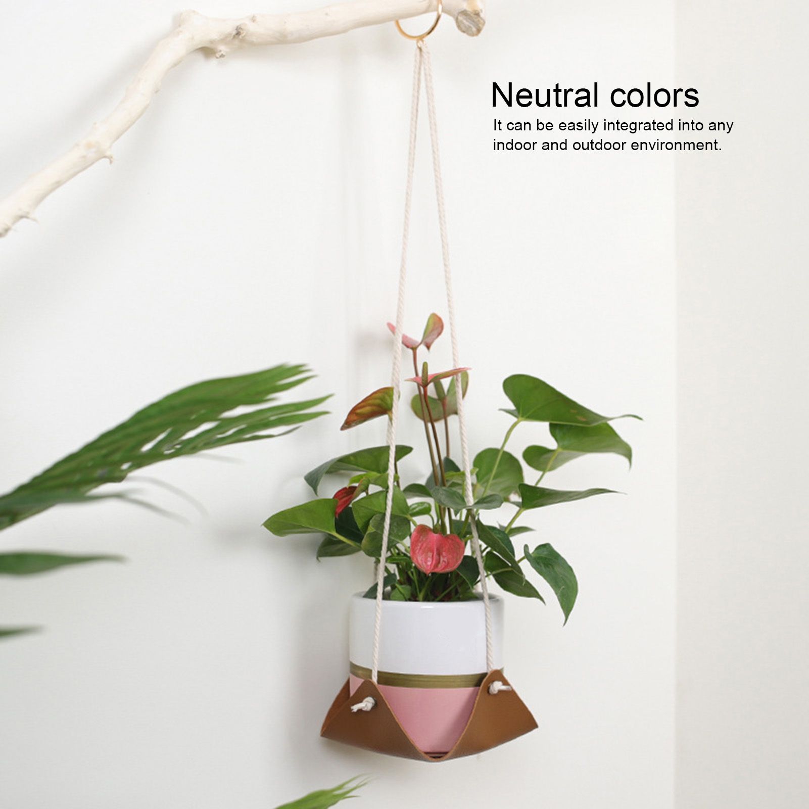 Hanging Planter Holder PU Leather Base Cotton Rope Net Flowerpot Hanging view 14