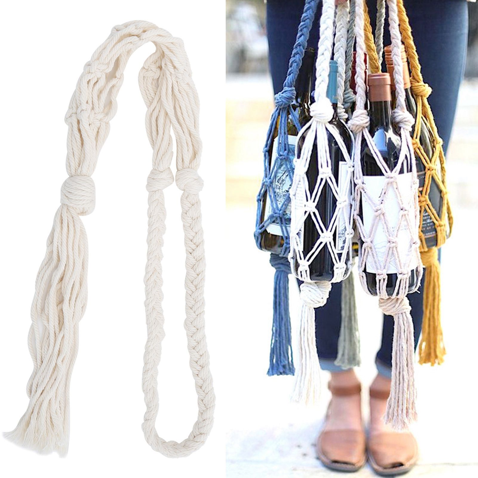 Wine Bottle Holder Bohemian Style Hand Knitting Cotton Rope Bottles Storage view 9