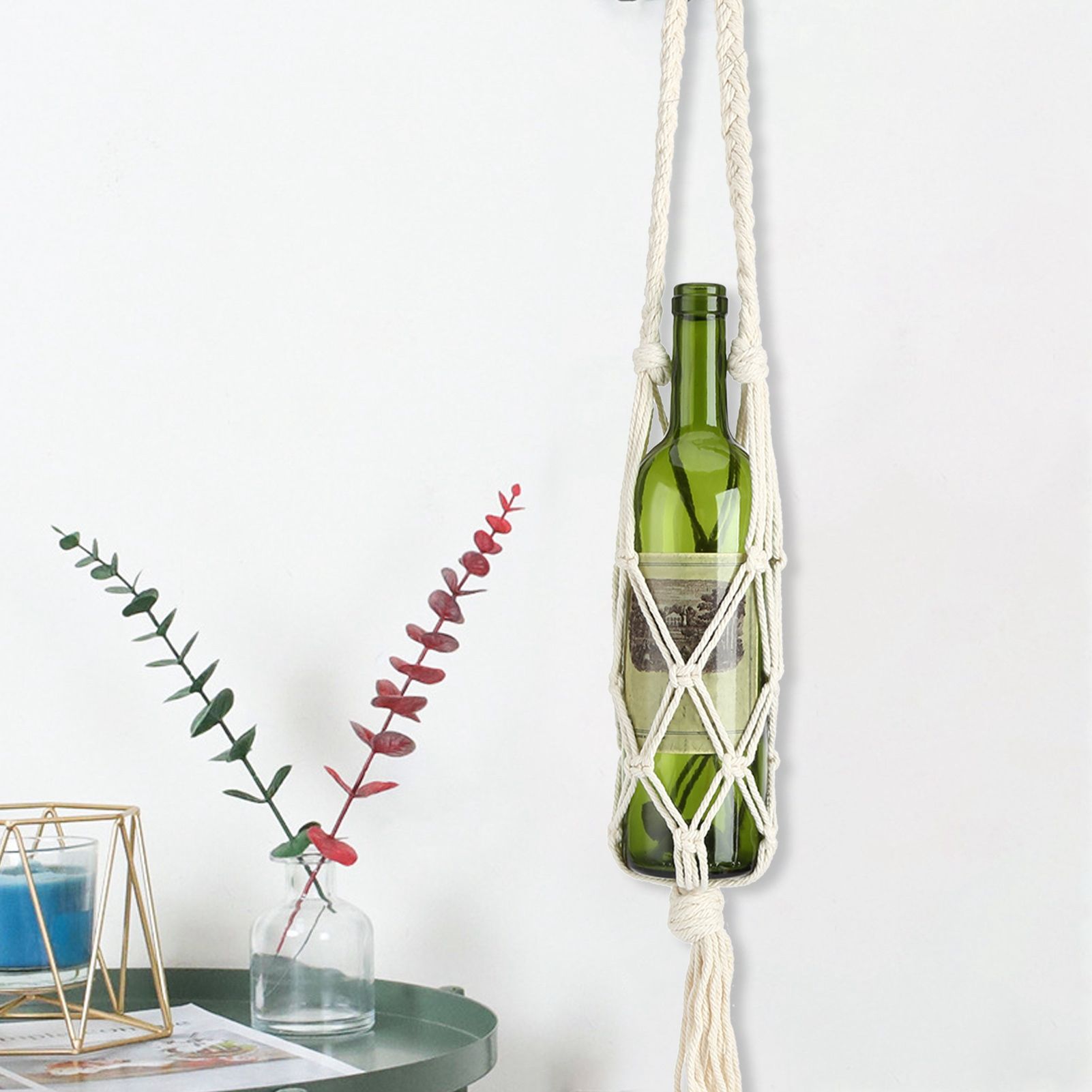 Wine Bottle Holder Bohemian Style Hand Knitting Cotton Rope Bottles Storage view 15
