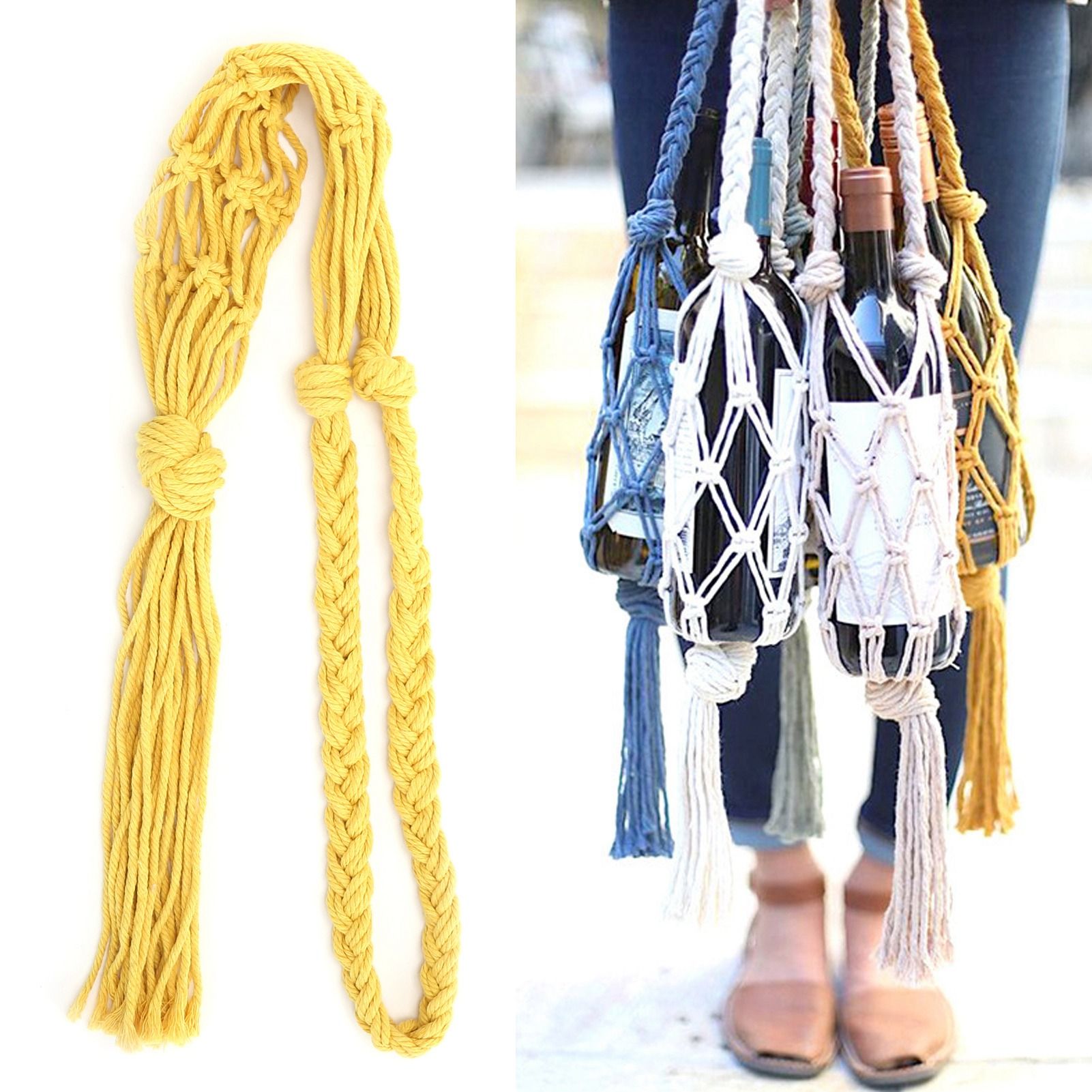 Wine Bottle Holder Bohemian Style Hand Knitting Cotton Rope Bottles Storage view 9