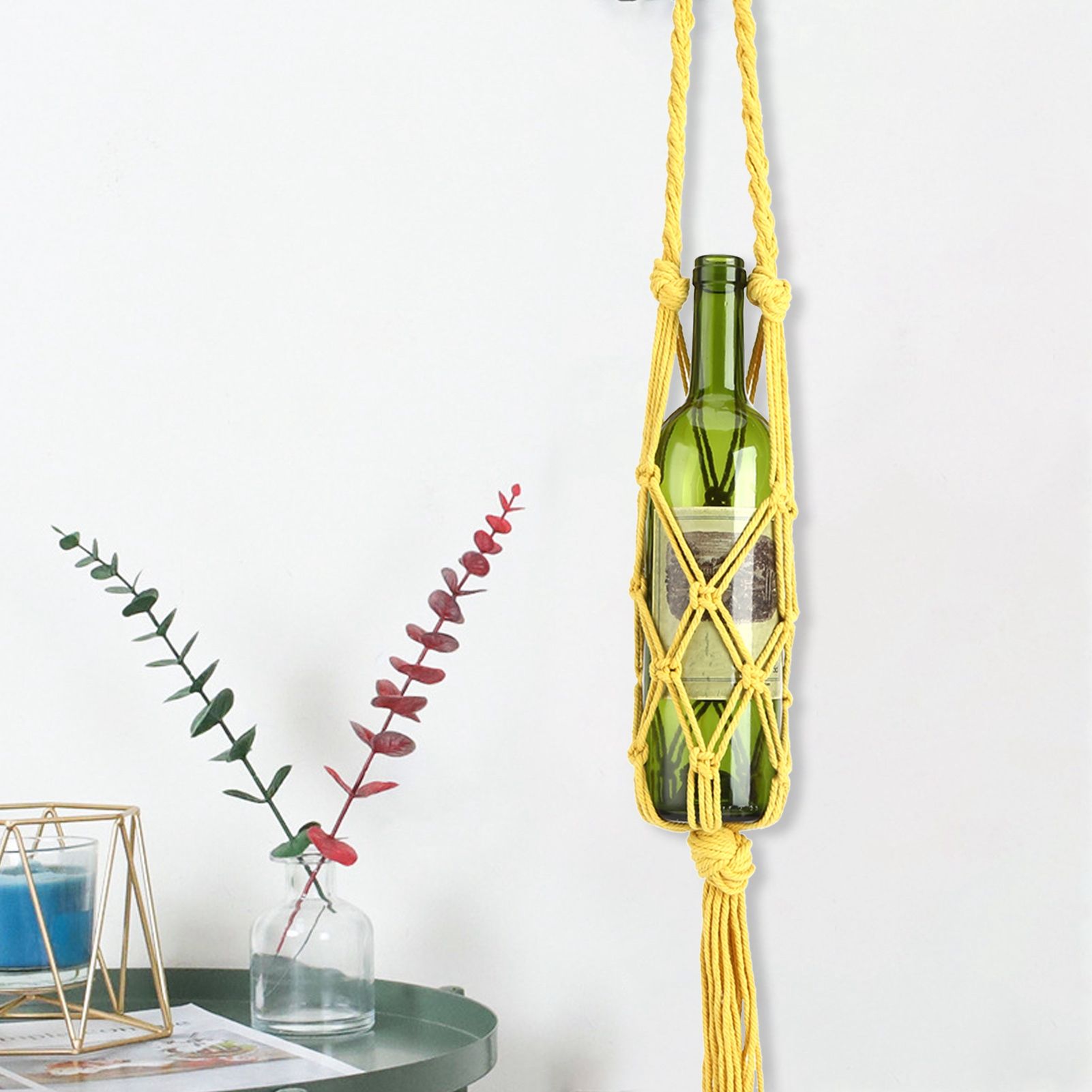 Wine Bottle Holder Bohemian Style Hand Knitting Cotton Rope Bottles Storage view 14