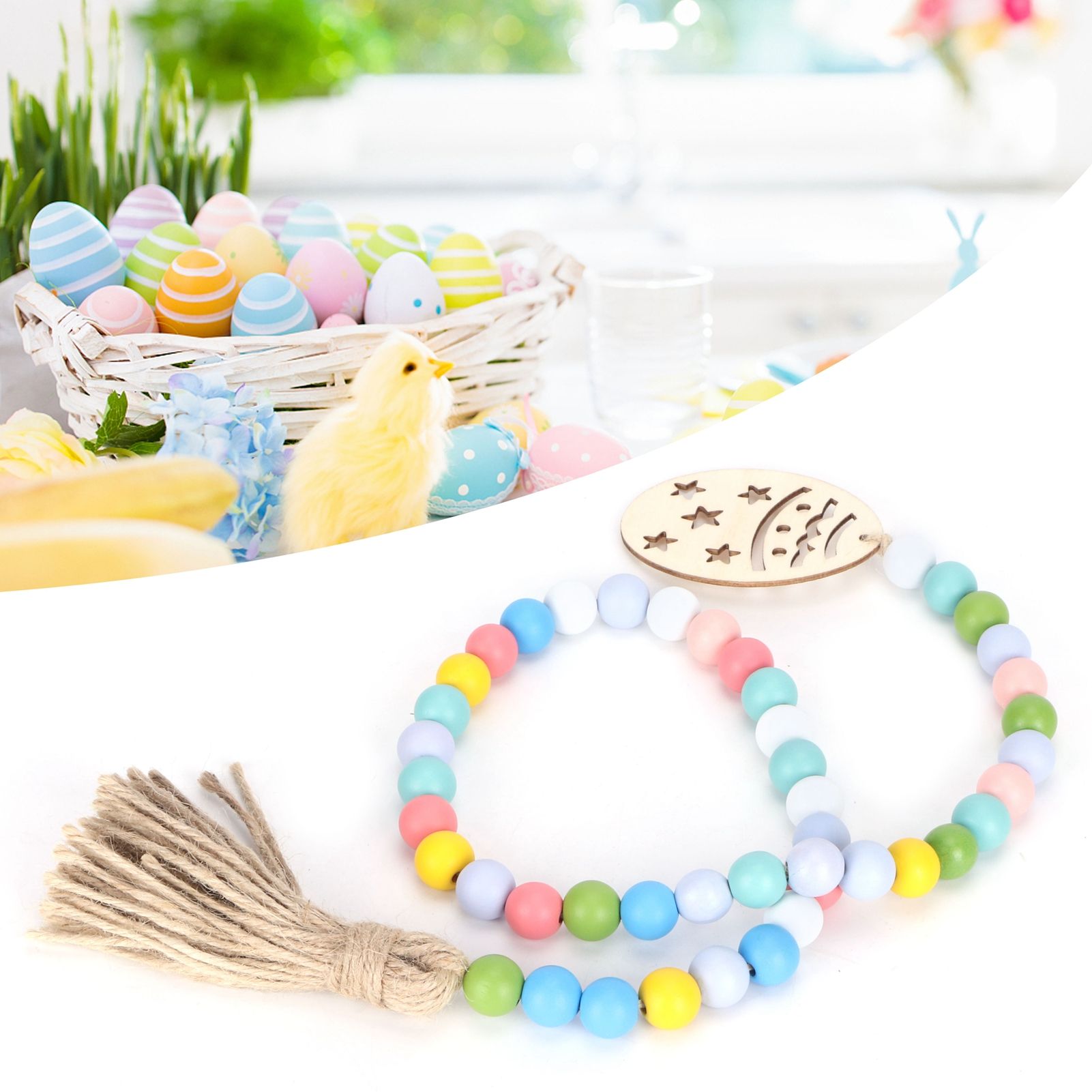 Easter Wood Bead Garland Colorful Beads Pendant Ornament Home Room Decoration 85cm view 12