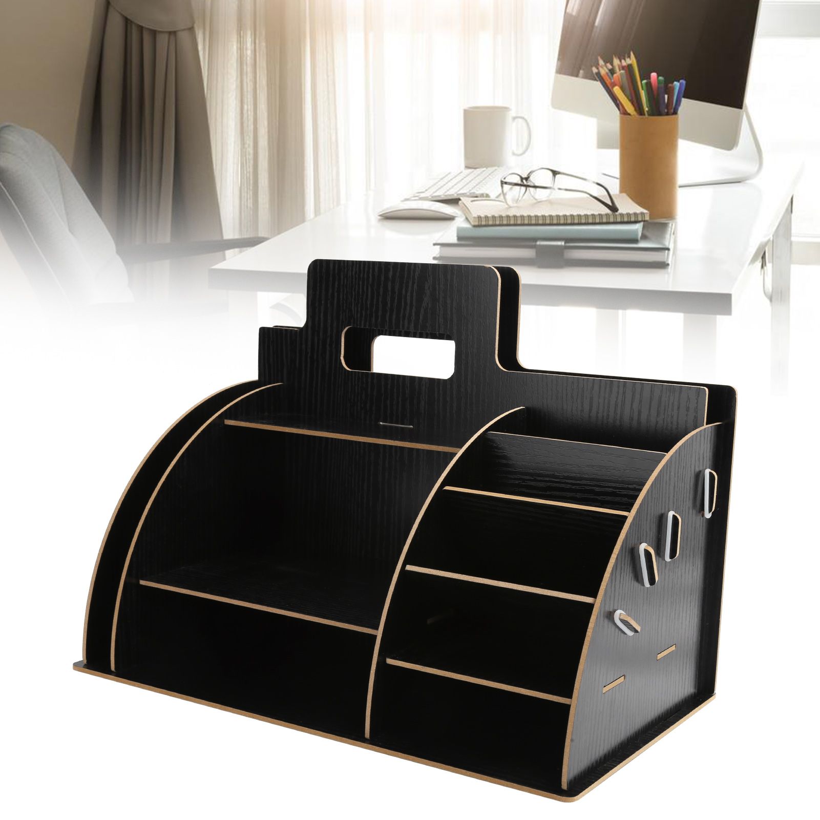 Wood Desktop Organizer Innovative Cosmetics Stationery Storage Rack for Home view 12