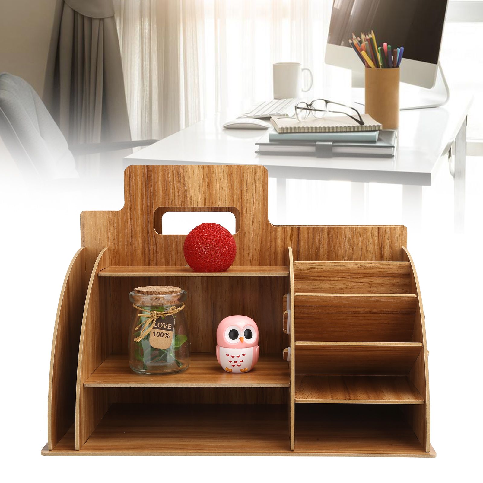 Wood Desktop Organizer Innovative Cosmetics Stationery Storage Rack for Home view 12