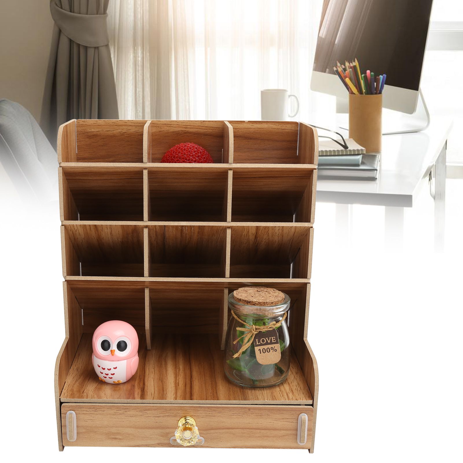 Wood Desktop Bookshelf Multi Function Pen Holder Stationery Box for Home view 11