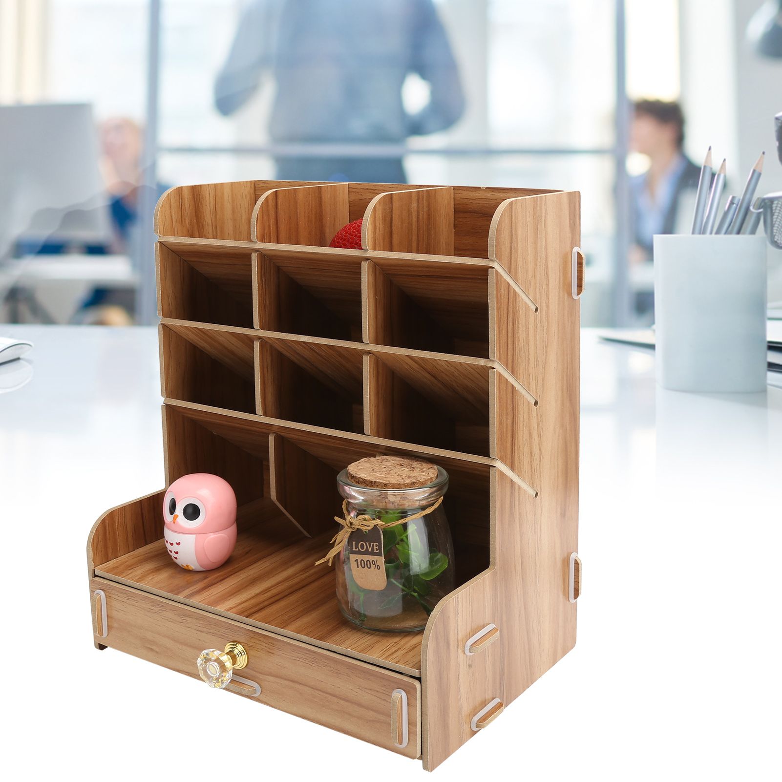 Wood Desktop Bookshelf Multi Function Pen Holder Stationery Box for Home view 12