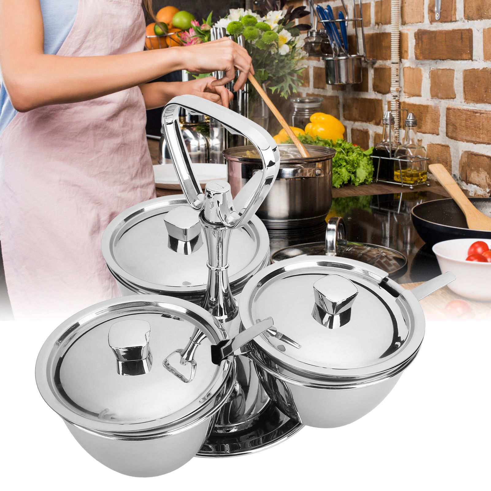 Spice Rack Kitchen Stainless Steel Seasoning Pots Condiment Set Rotating Spice view 10