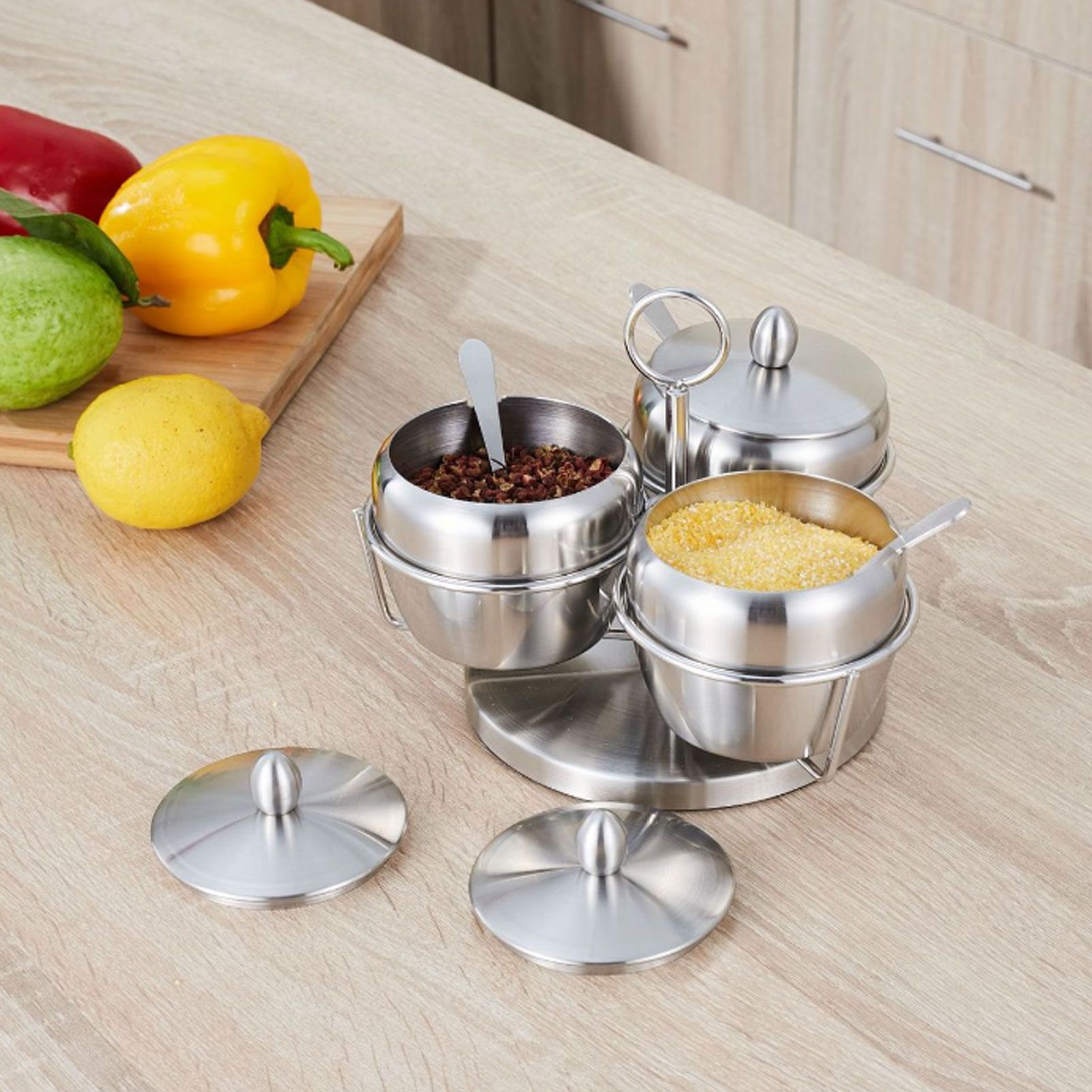 Stainless Steel Seasoning Pot Spice Salt Sugar Bowl Container with Rotating view 9
